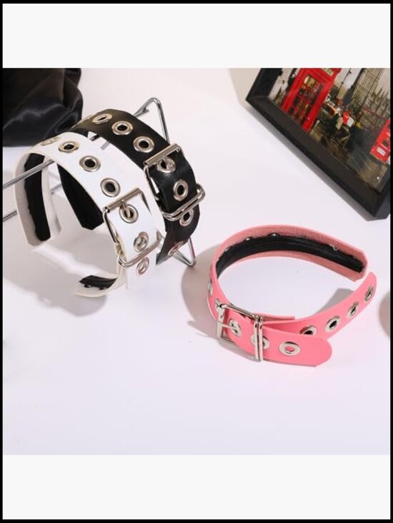 Gothic Punk Metal Buckle Headband Set Black Faux Leather Belt Design Hair main image 5